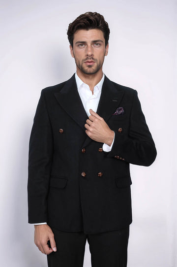 Men’s Midnight Black Double-Breasted Slim Fit Peak Lapel Blazer