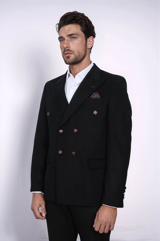 Men’s Midnight Black Double-Breasted Slim Fit Peak Lapel Blazer