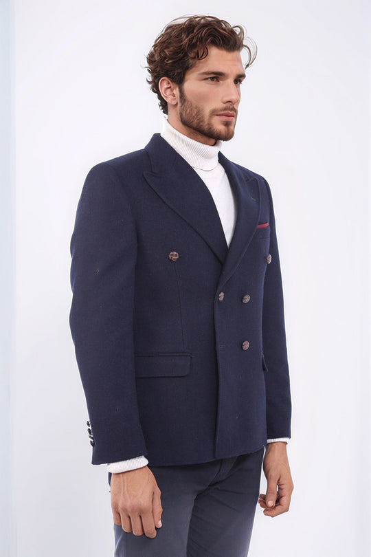 Men’s Midnight Navy Solid Slim Fit Double-Breasted Peak Lapel Blazer
