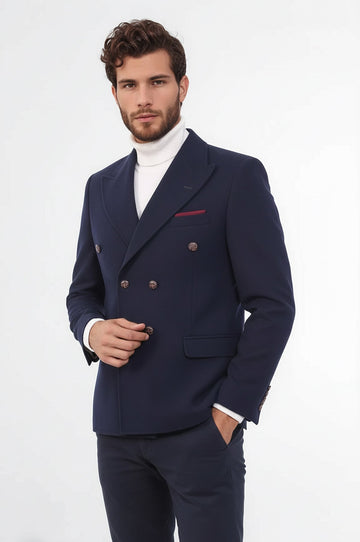 Men’s Midnight Navy Solid Slim Fit Double-Breasted Peak Lapel Blazer