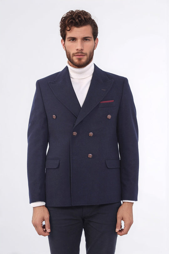 Men’s Midnight Navy Solid Slim Fit Double-Breasted Peak Lapel Blazer