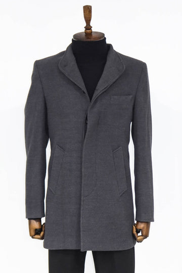 Grey Slim Fit Mandarin Collar Long Coat | Wessi