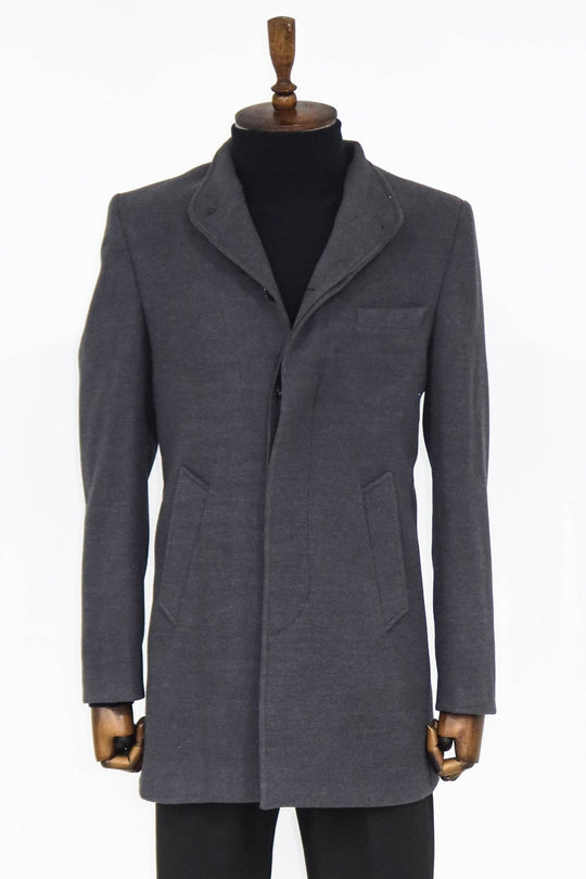 Grey Slim Fit Mandarin Collar Long Coat | Wessi