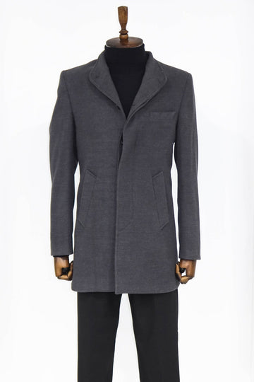 Grey Slim Fit Mandarin Collar Long Coat | Wessi