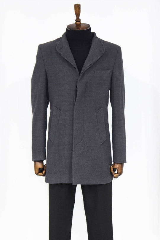 Grey Slim Fit Mandarin Collar Long Coat | Wessi