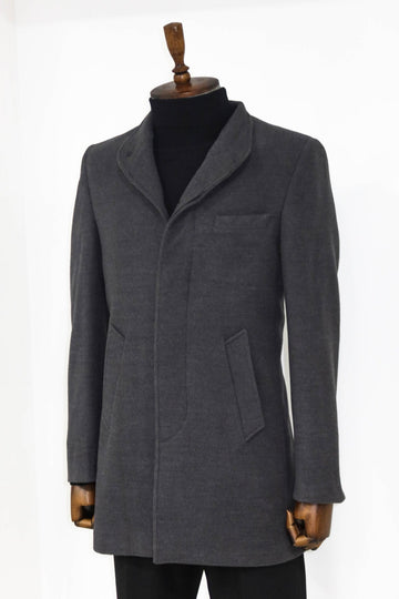 Grey Slim Fit Mandarin Collar Long Coat | Wessi