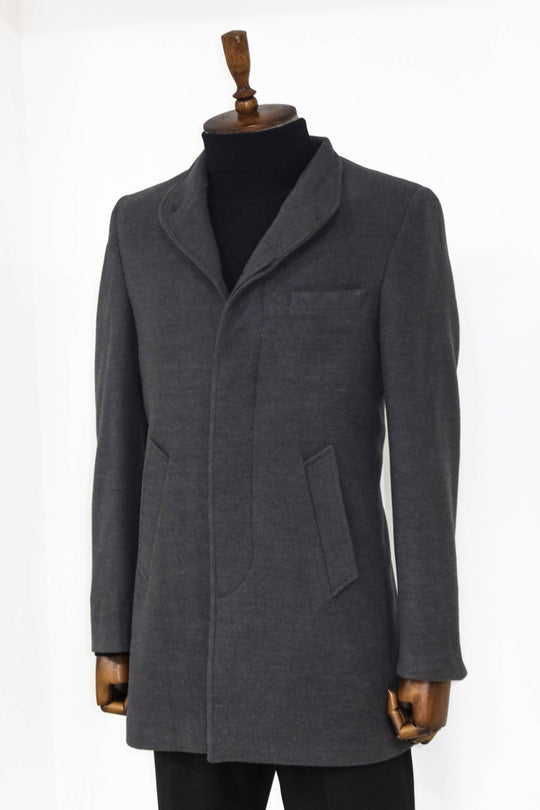 Grey Slim Fit Mandarin Collar Long Coat | Wessi