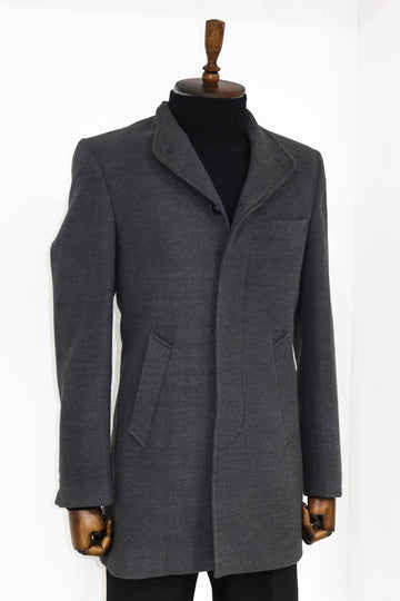 Grey Slim Fit Mandarin Collar Long Coat | Wessi