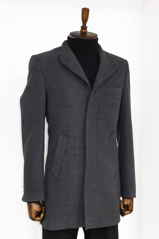 Grey Slim Fit Mandarin Collar Long Coat | Wessi