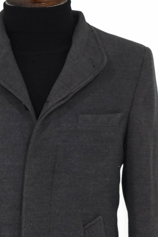 Grey Slim Fit Mandarin Collar Long Coat | Wessi