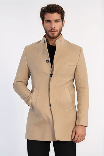 Beige Slim Fit Mandarin Collar Long Coat – Wessi