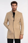 Beige Slim Fit Mandarin Collar Long Coat – Wessi