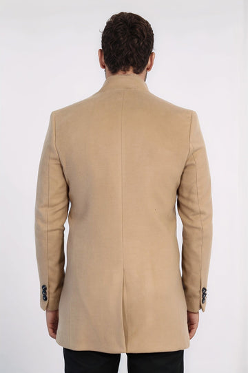 Beige Slim Fit Mandarin Collar Long Coat – Wessi