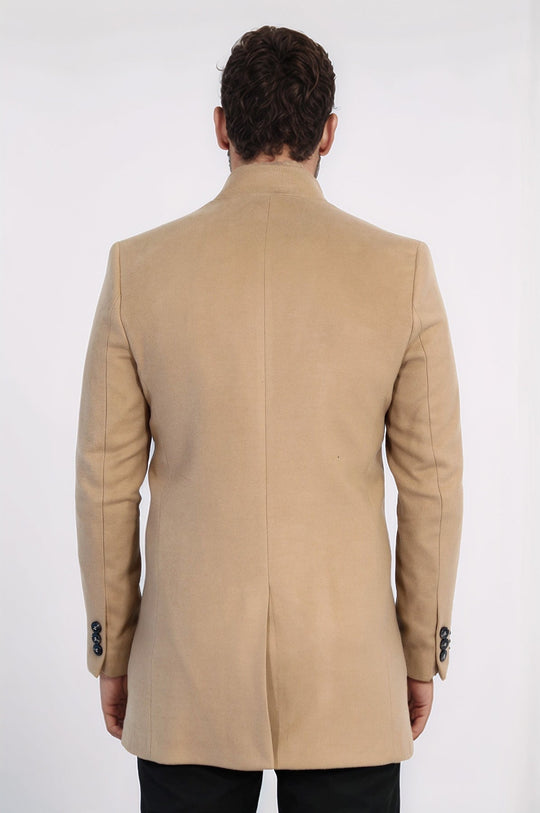 Beige Slim Fit Mandarin Collar Long Coat – Wessi