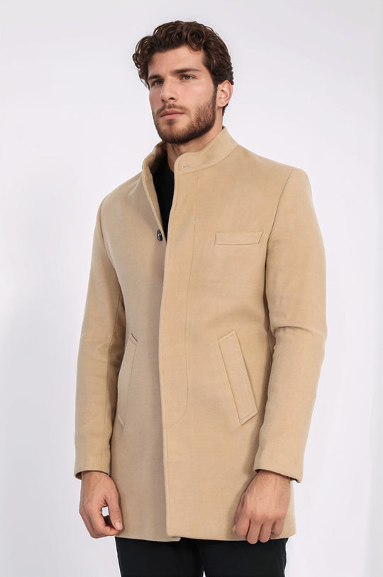 Beige Slim Fit Mandarin Collar Long Coat – Wessi