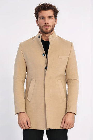 Beige Slim Fit Mandarin Collar Long Coat – Wessi