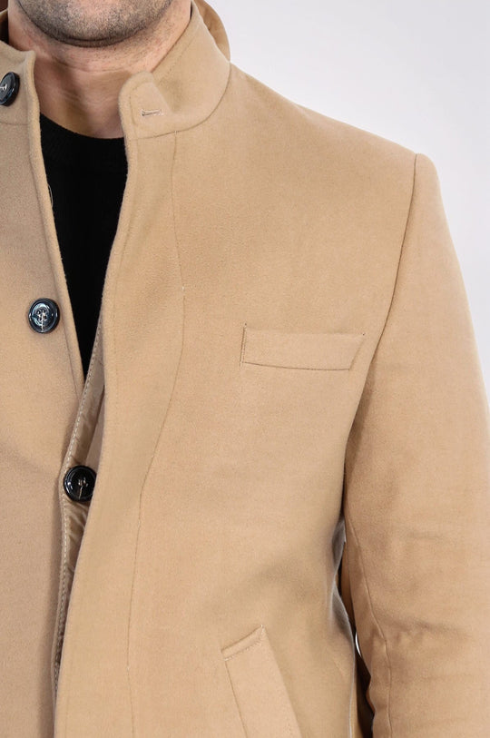 Beige Slim Fit Mandarin Collar Long Coat – Wessi