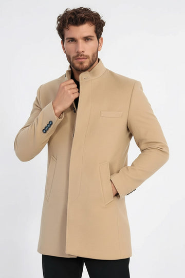 Beige Slim Fit Mandarin Collar Long Coat – Wessi