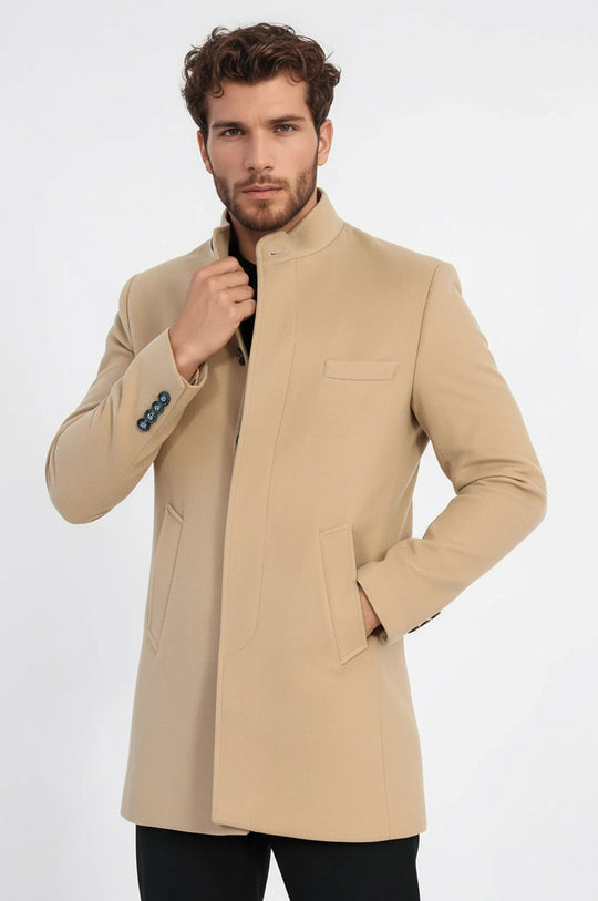 Beige Slim Fit Mandarin Collar Long Coat – Wessi