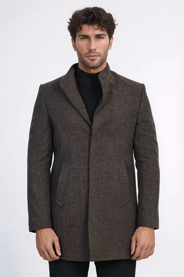 Brown Slim Fit Mandarin Collar Short Coat – Wessi