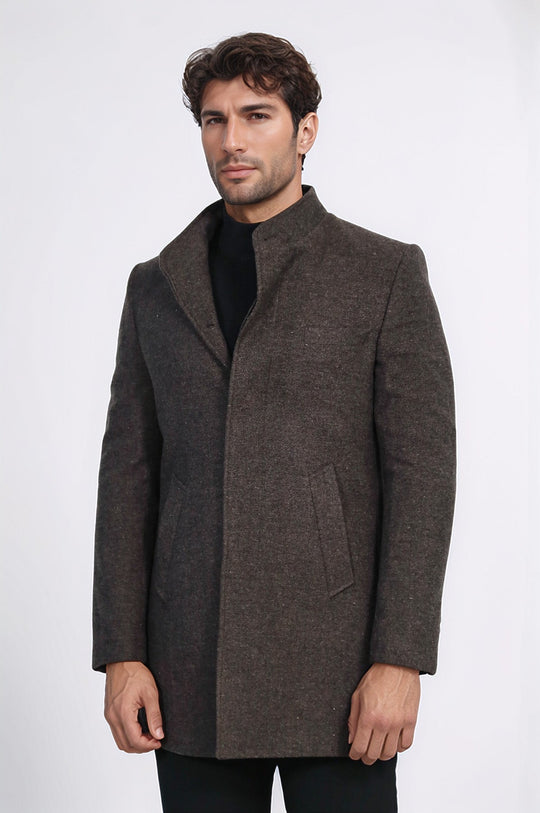Brown Slim Fit Mandarin Collar Short Coat – Wessi