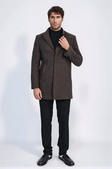 Brown Slim Fit Mandarin Collar Short Coat – Wessi