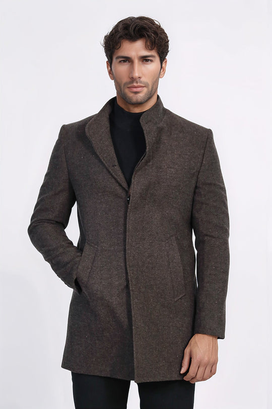 Brown Slim Fit Mandarin Collar Short Coat – Wessi