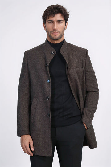 Brown Slim Fit Mandarin Collar Short Coat – Wessi