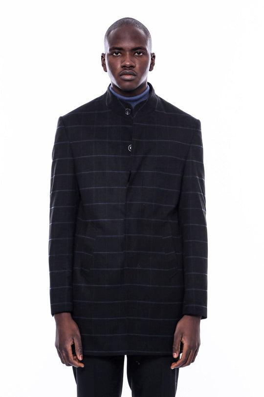 Black Check Slim Fit Mandarin Collar Long Coat – Wessi
