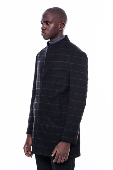 Black Check Slim Fit Mandarin Collar Long Coat – Wessi