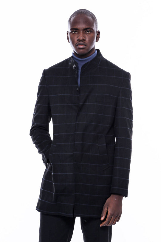 Black Check Slim Fit Mandarin Collar Long Coat – Wessi