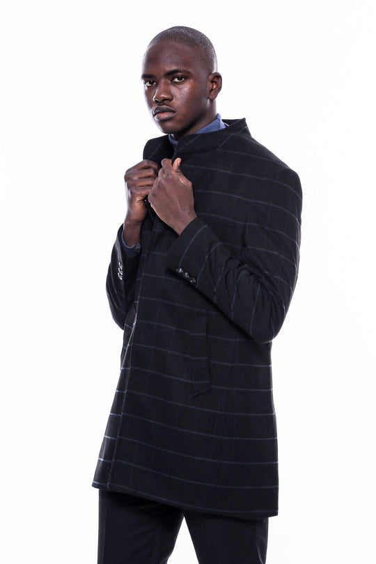 Black Check Slim Fit Mandarin Collar Long Coat – Wessi