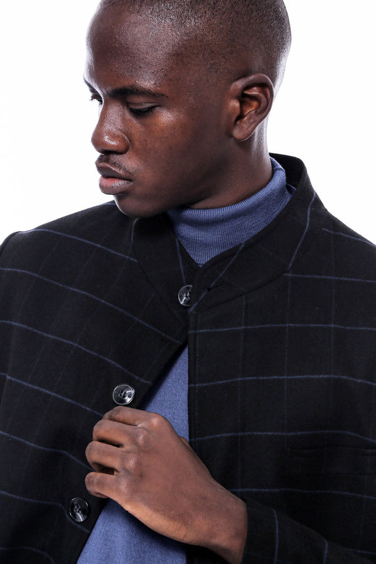 Black Check Slim Fit Mandarin Collar Long Coat – Wessi