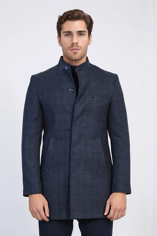 Navy Blue Check Slim Fit Stand-Up Collar Hidden Button Long Coat – Wessi