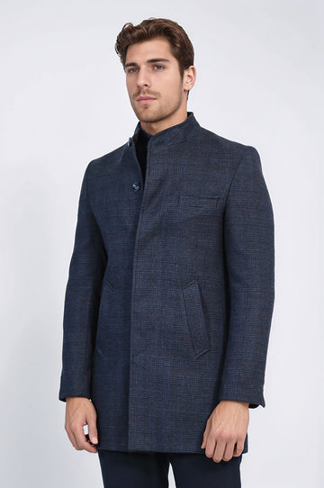 Navy Blue Check Slim Fit Stand-Up Collar Hidden Button Long Coat – Wessi