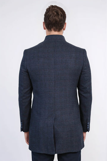 Navy Blue Check Slim Fit Stand-Up Collar Hidden Button Long Coat – Wessi
