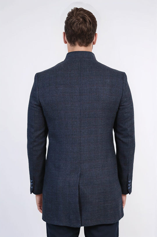 Navy Blue Check Slim Fit Stand-Up Collar Hidden Button Long Coat – Wessi