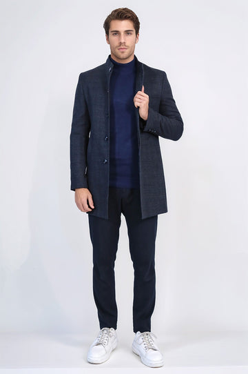 Navy Blue Check Slim Fit Stand-Up Collar Hidden Button Long Coat – Wessi
