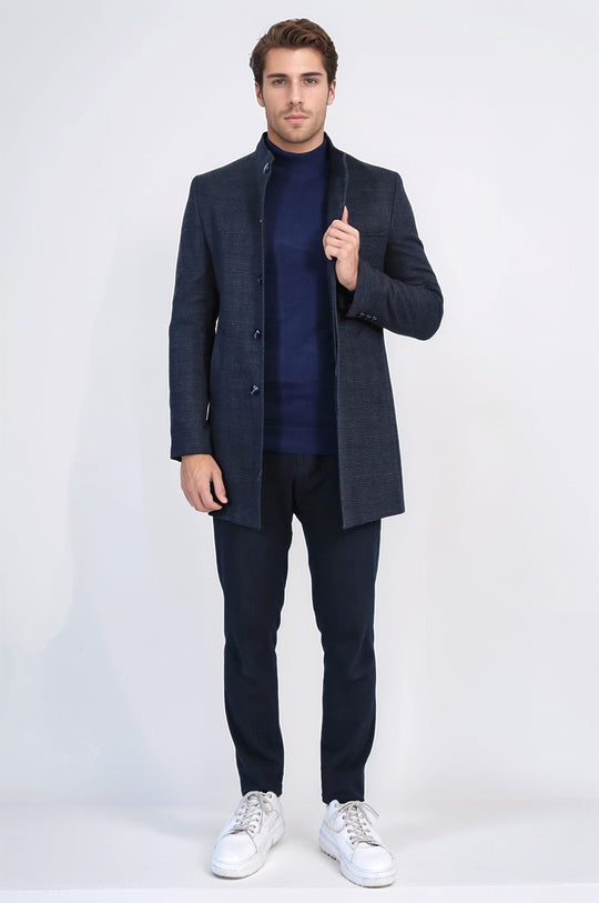 Navy Blue Check Slim Fit Stand-Up Collar Hidden Button Long Coat – Wessi