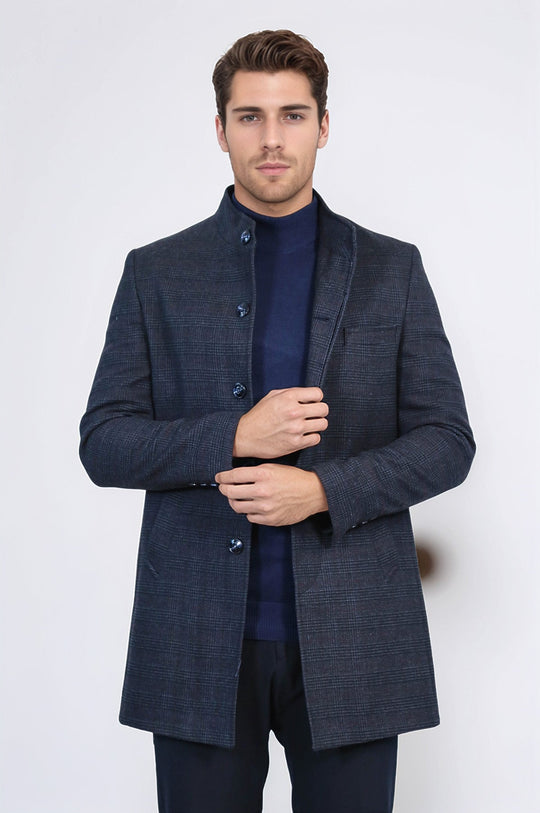 Navy Blue Check Slim Fit Stand-Up Collar Hidden Button Long Coat – Wessi