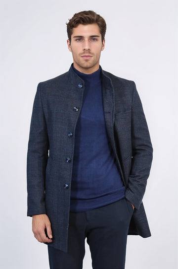 Navy Blue Check Slim Fit Stand-Up Collar Hidden Button Long Coat – Wessi