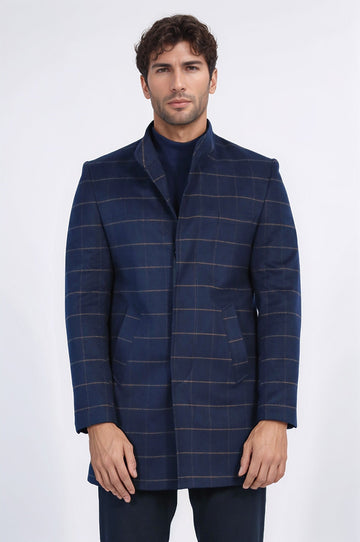 Navy Blue Plaid Slim Fit Stand-Up Collar Hidden Button Coat – Wessi