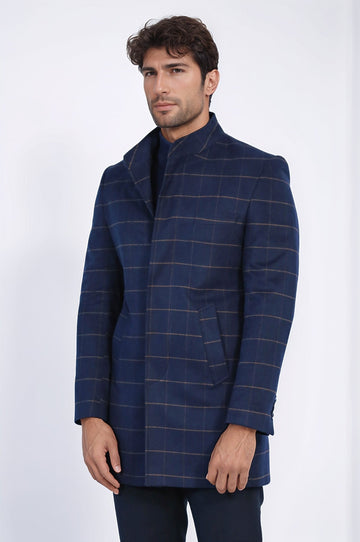 Navy Blue Plaid Slim Fit Stand-Up Collar Hidden Button Coat – Wessi