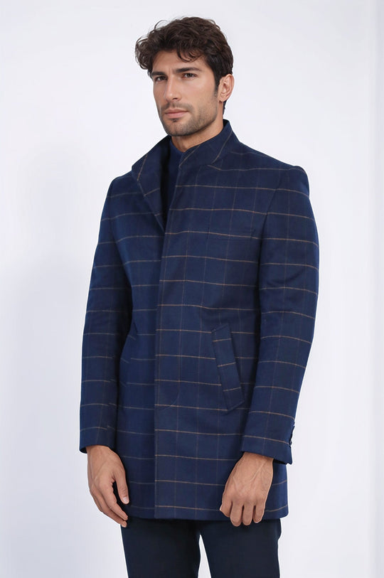 Navy Blue Plaid Slim Fit Stand-Up Collar Hidden Button Coat – Wessi