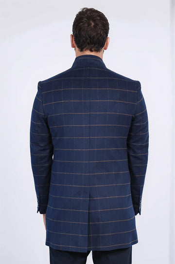 Navy Blue Plaid Slim Fit Stand-Up Collar Hidden Button Coat – Wessi