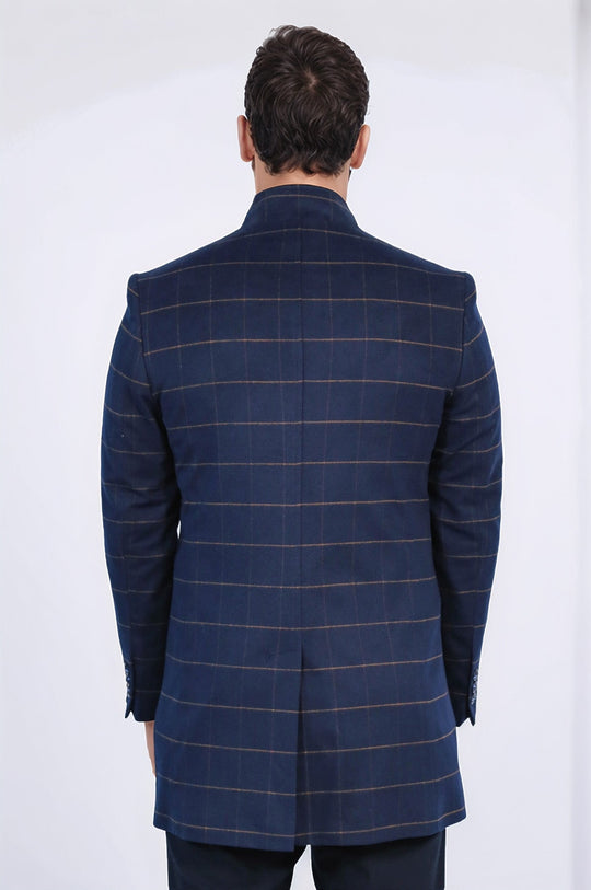 Navy Blue Plaid Slim Fit Stand-Up Collar Hidden Button Coat – Wessi