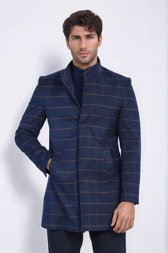 Navy Blue Plaid Slim Fit Stand-Up Collar Hidden Button Coat – Wessi