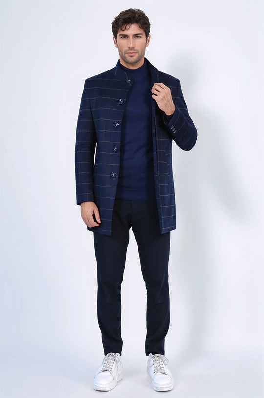 Navy Blue Plaid Slim Fit Stand-Up Collar Hidden Button Coat – Wessi