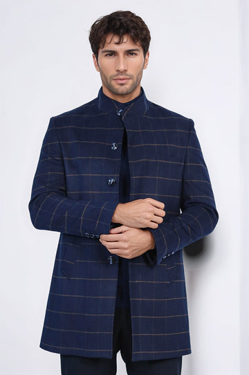 Navy Blue Plaid Slim Fit Stand-Up Collar Hidden Button Coat – Wessi