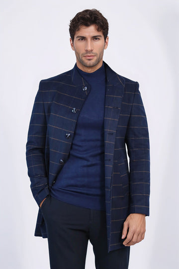 Navy Blue Plaid Slim Fit Stand-Up Collar Hidden Button Coat – Wessi